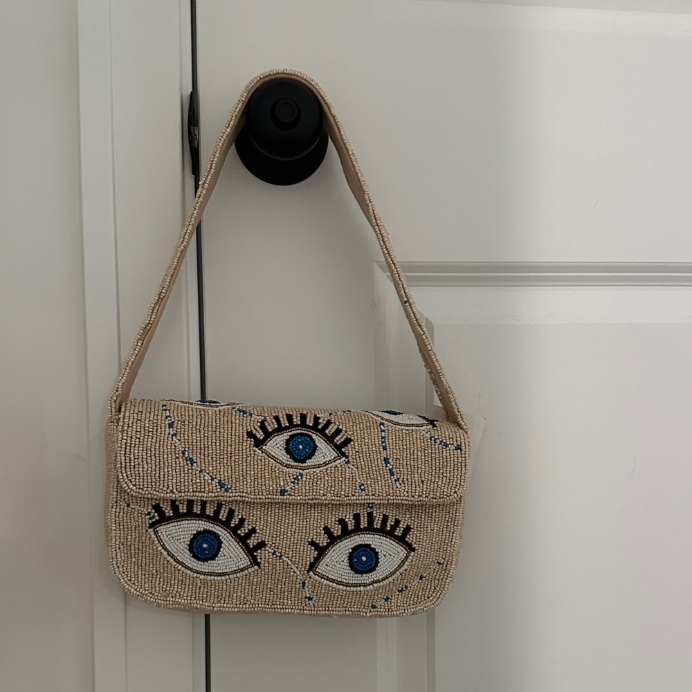 America & Beyond TJ Max beaded Evil Eye Beige Shoulder Bag